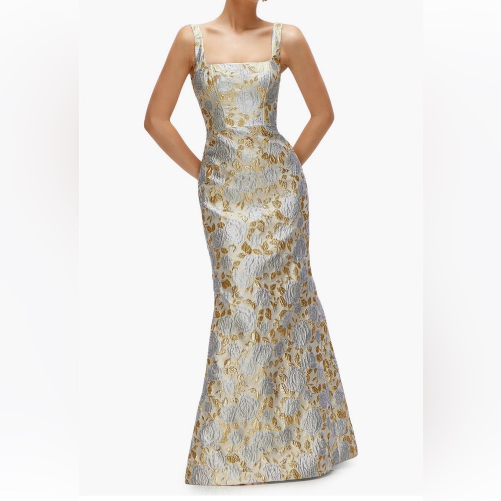 Dessy Collection Metallic Gold and Silver Floral Jacquard Maxi Dress